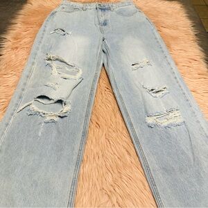 SHEIN Light Blue Distressed Straight Leg Jeans
